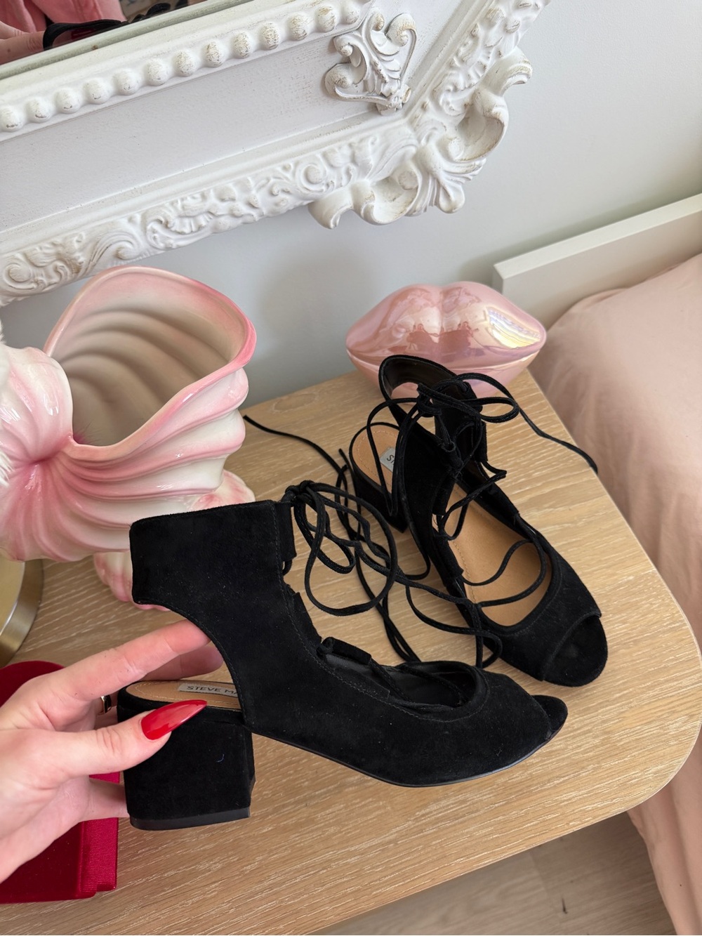 Black Lace-Up Suede Block Heel Sandals - Women's